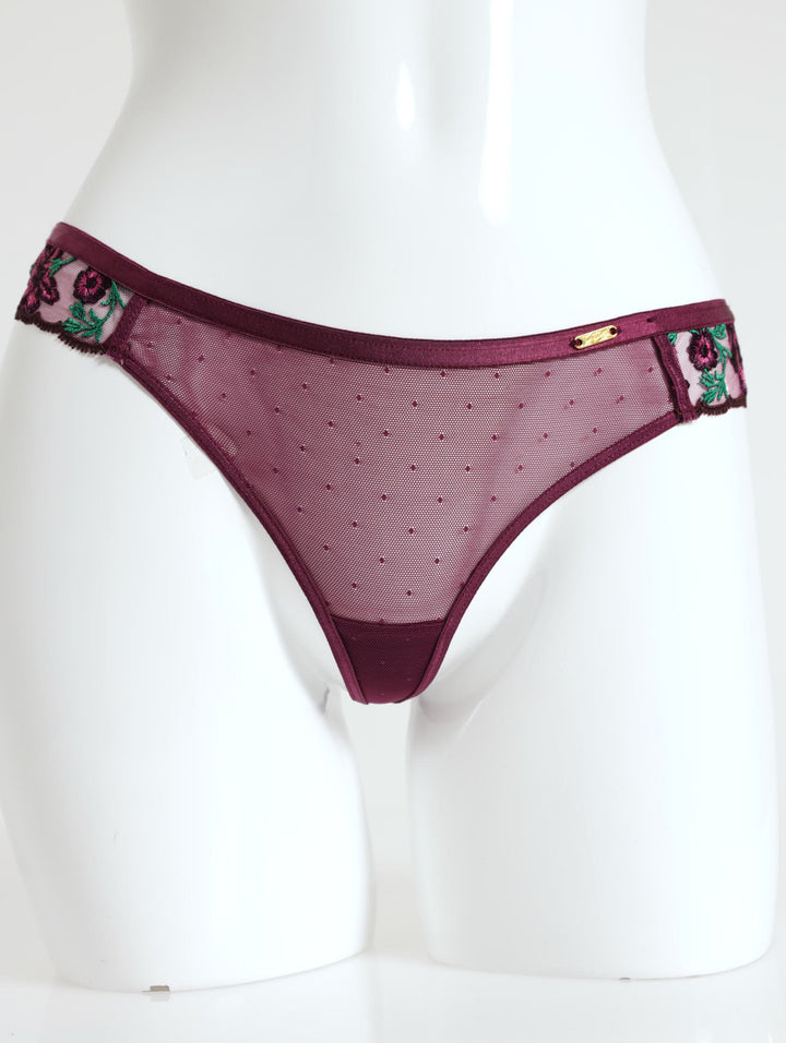 Ladies Shiny Embroidery & Mesh Thong Panty - Beetroot