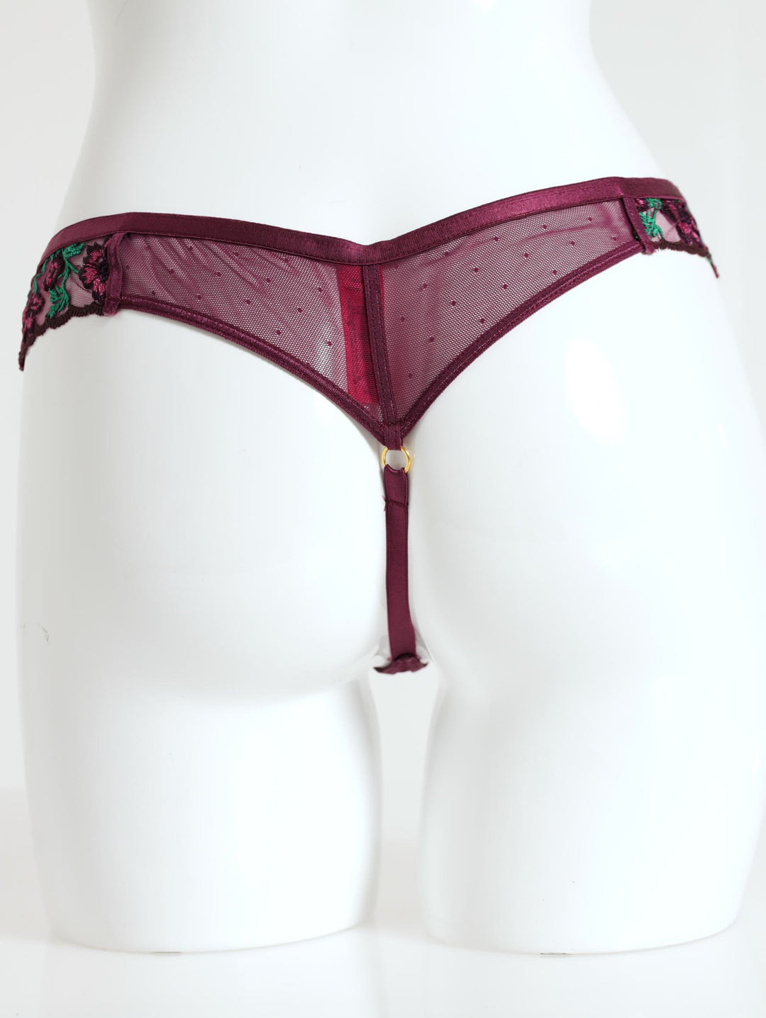 Ladies Shiny Embroidery & Mesh Thong Panty - Beetroot