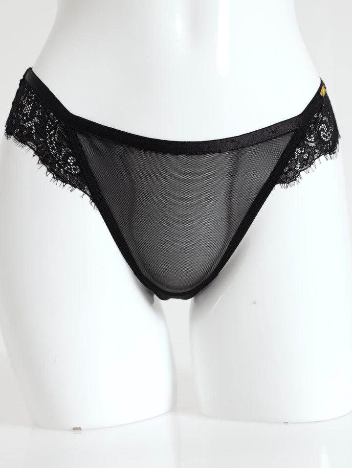 Eyelash & Mesh Thong - Black