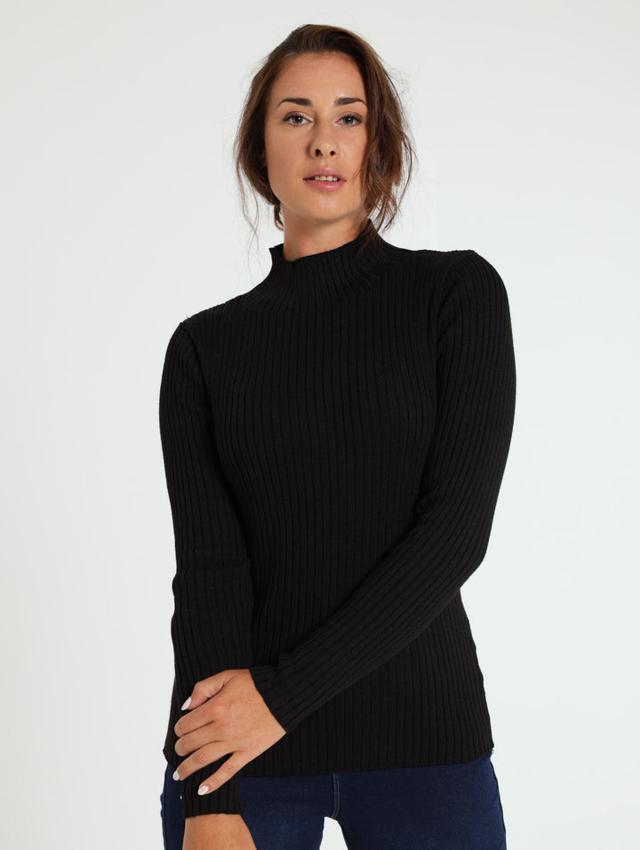 Ribbed Turtleneck Pullover - Black