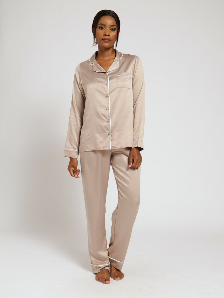 Long Sleeve Satin Button Through Pj Shirt & Pant Set - Grey