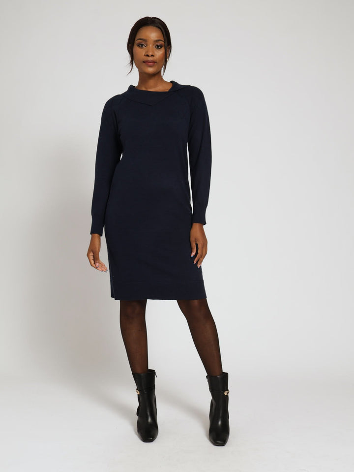 Collar Detail Knitwear Dress - Navy