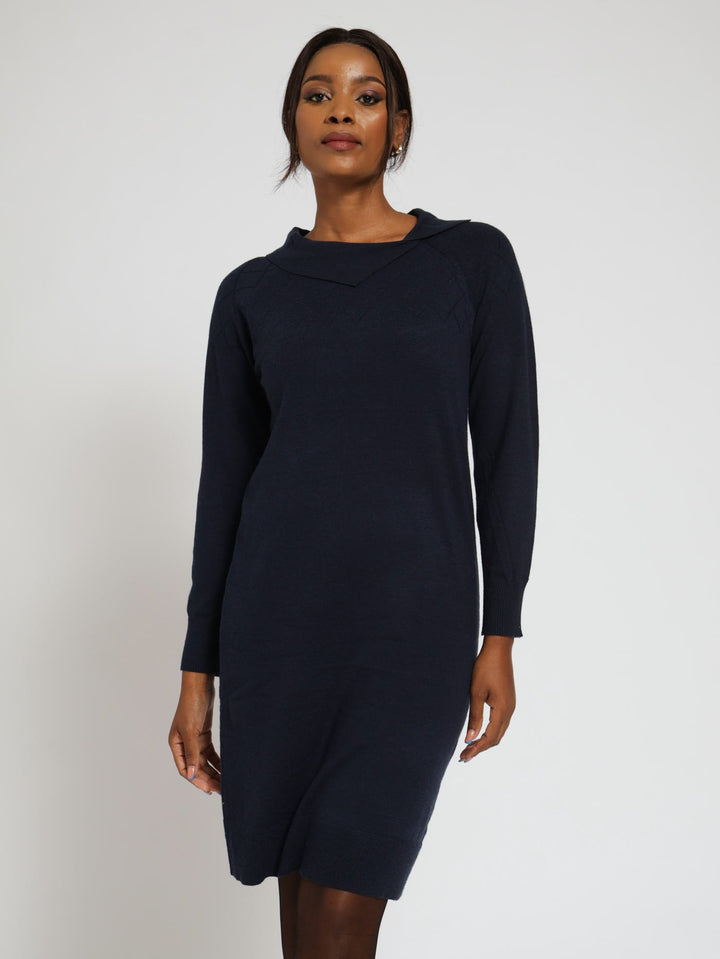 Collar Detail Knitwear Dress - Navy