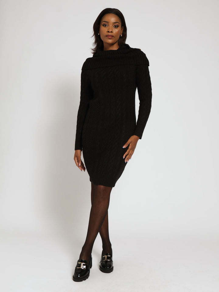 Long Sleeve Collar Midi Knitwear Dress - Black