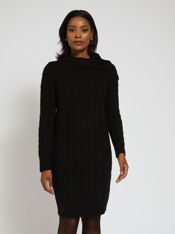 Long Sleeve Collar Midi Knitwear Dress - Black