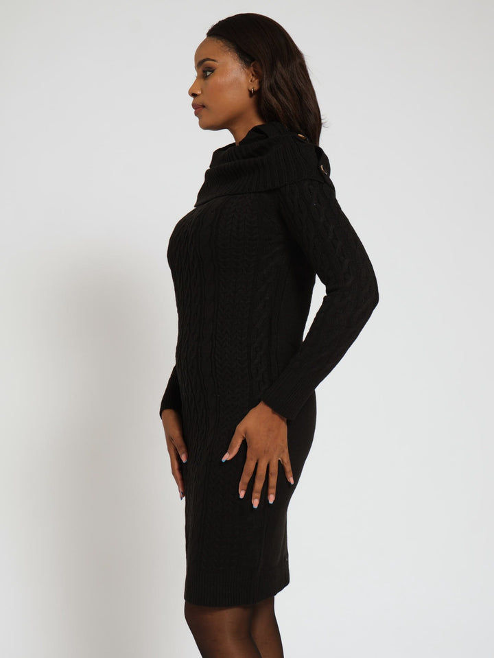 Long Sleeve Collar Midi Knitwear Dress - Black