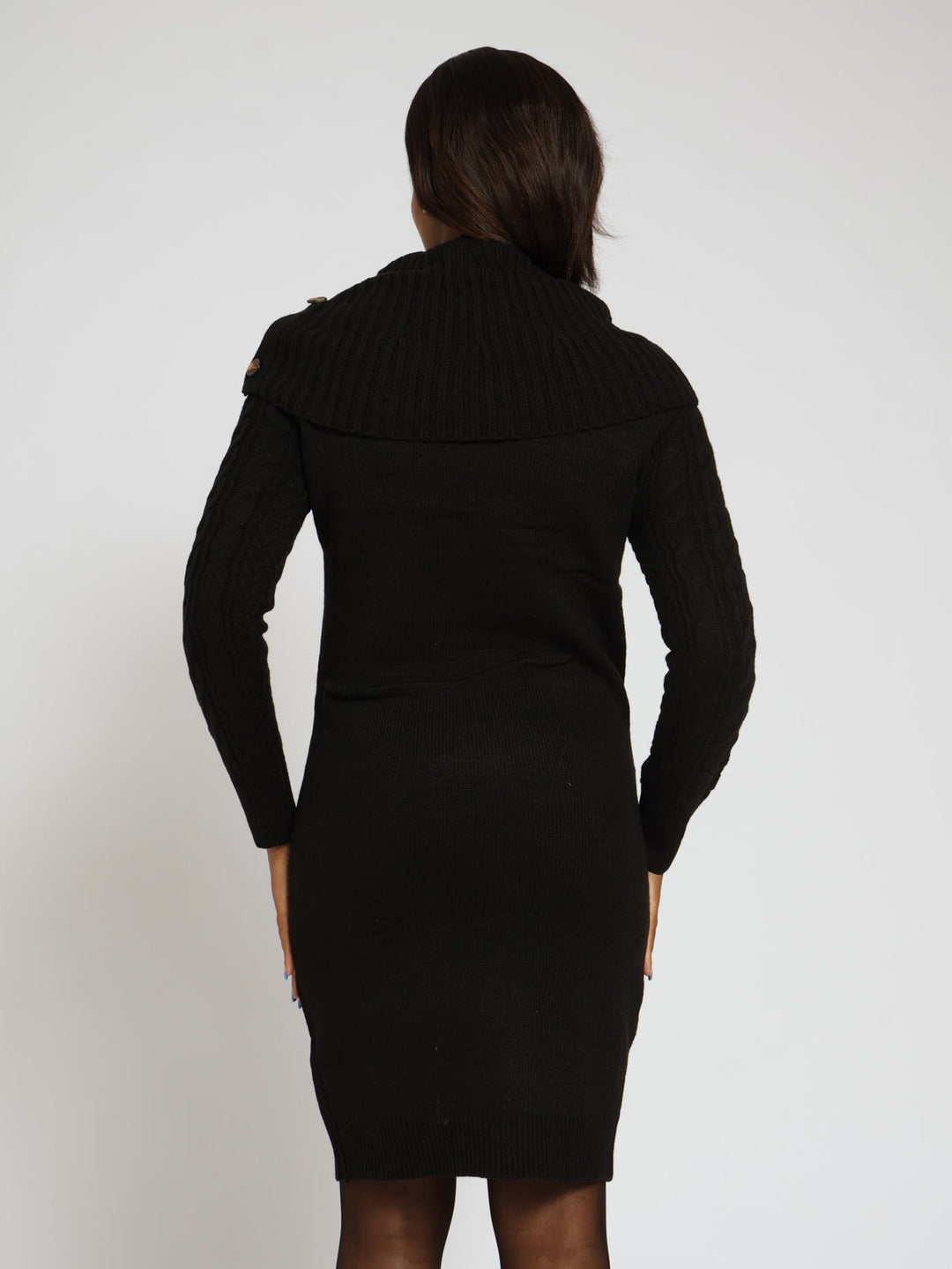 Long Sleeve Collar Midi Knitwear Dress - Black