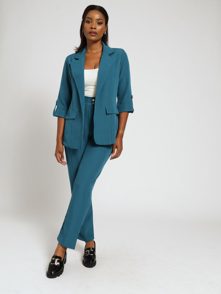 Double Button Slim Leg Pants - Blue Coral