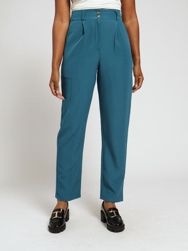 Double Button Slim Leg Pants - Blue Coral