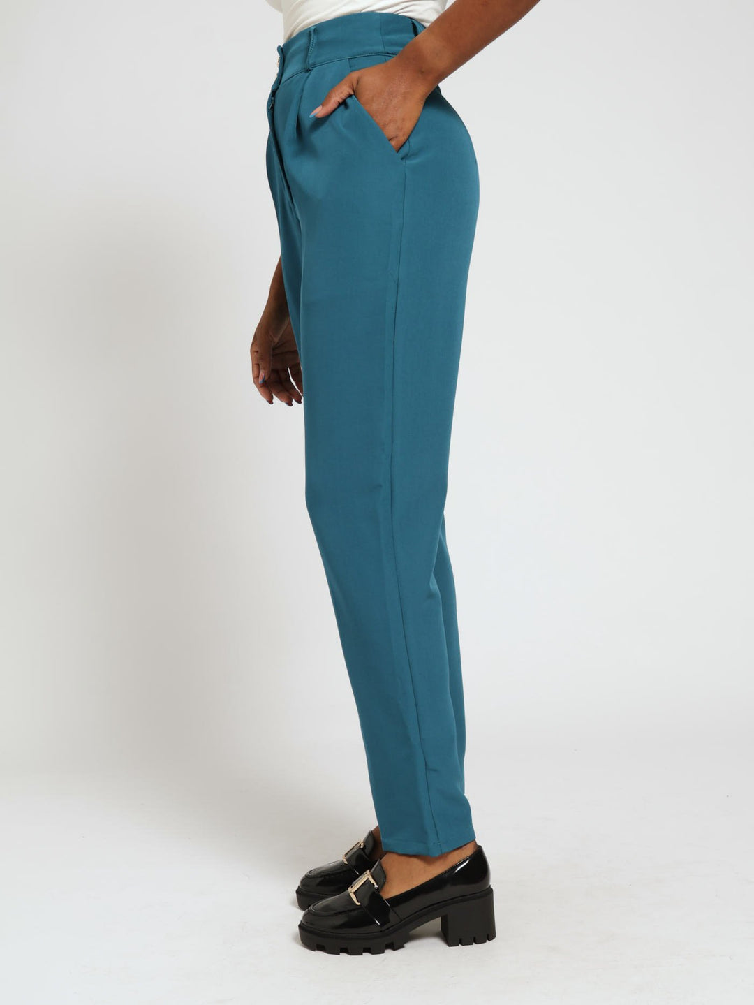 Double Button Slim Leg Pants - Blue Coral