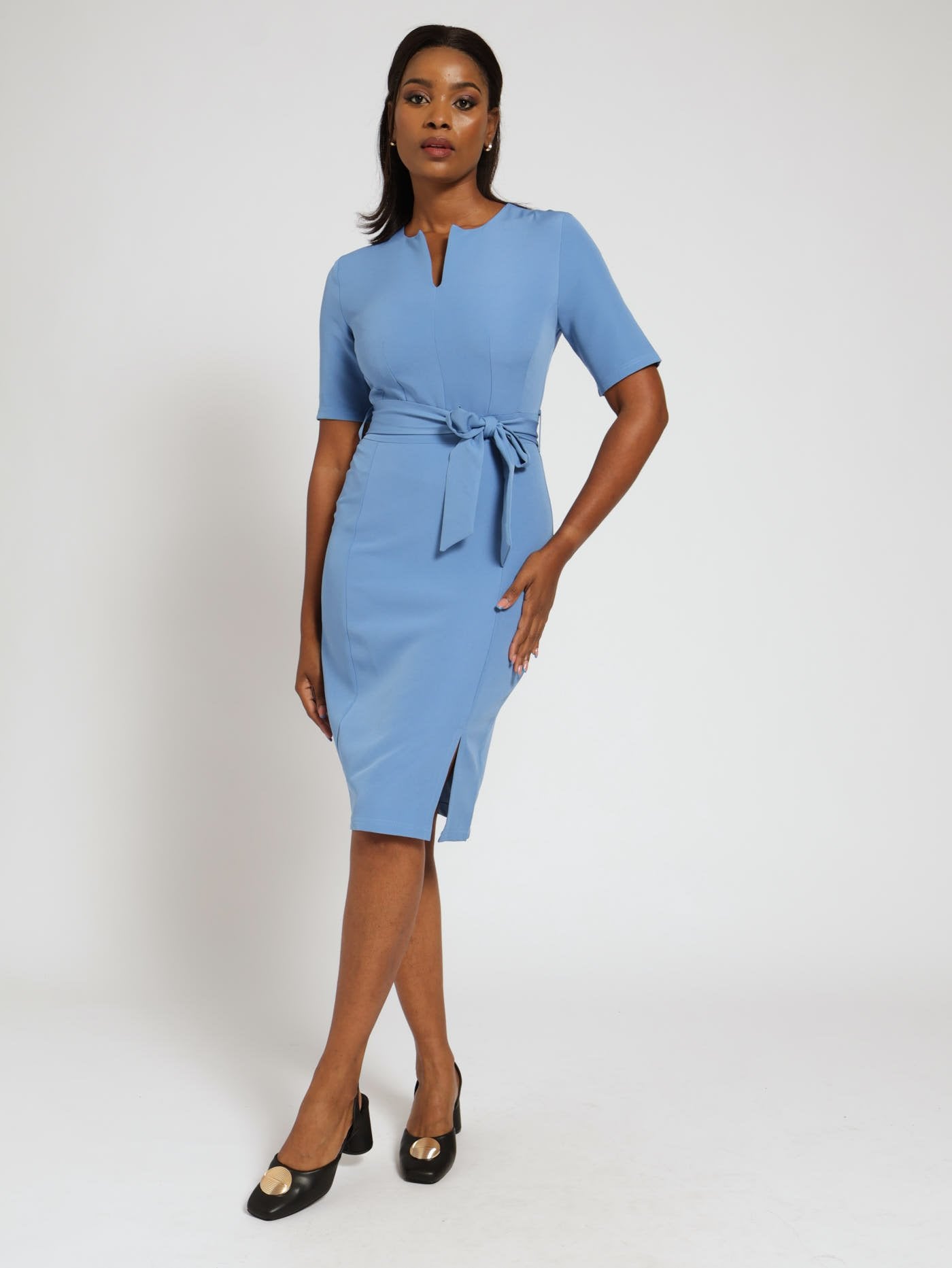 V Neck Notch Ballerina Sleeve Pencil Dress Light Blue