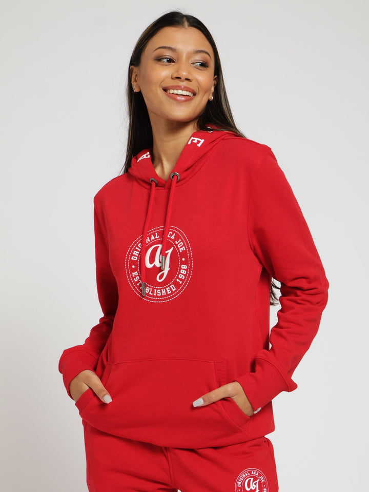 Chest Embroidery Unbrushed Fleece Hoody - Red