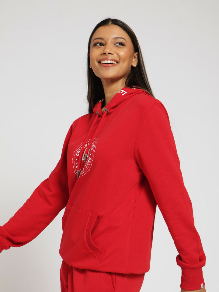 Chest Embroidery Unbrushed Fleece Hoody - Red