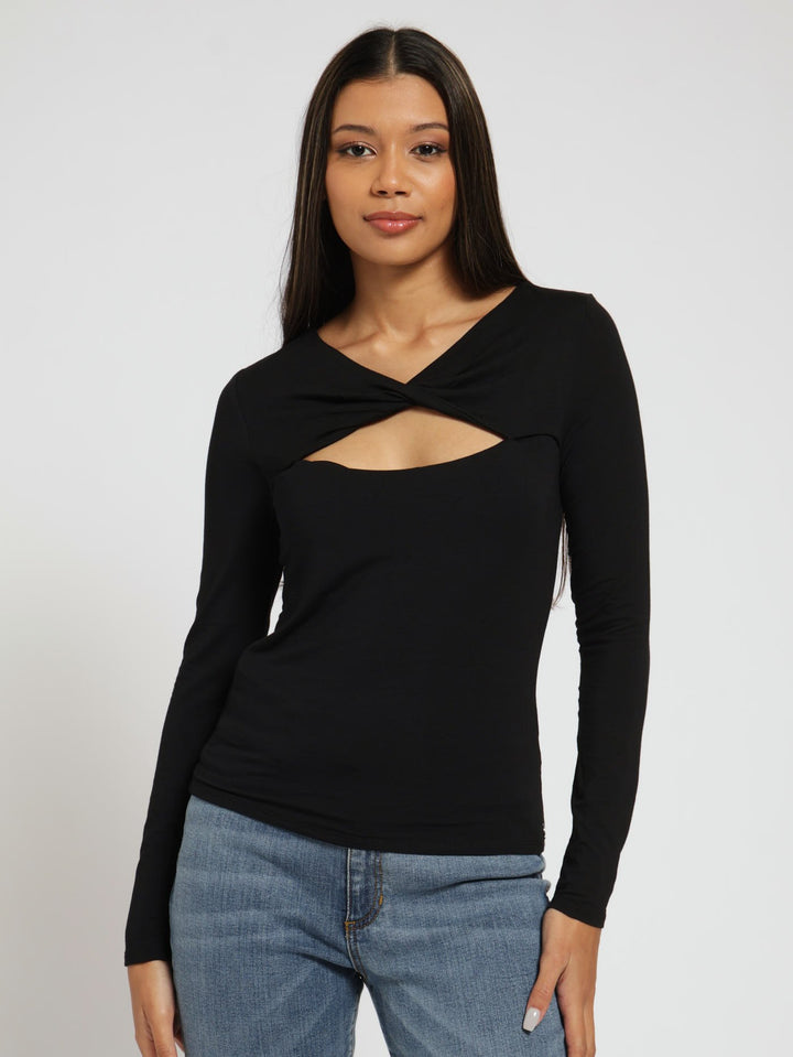 Long Sleeve Twisted Yoke Mena Top - Jet Black