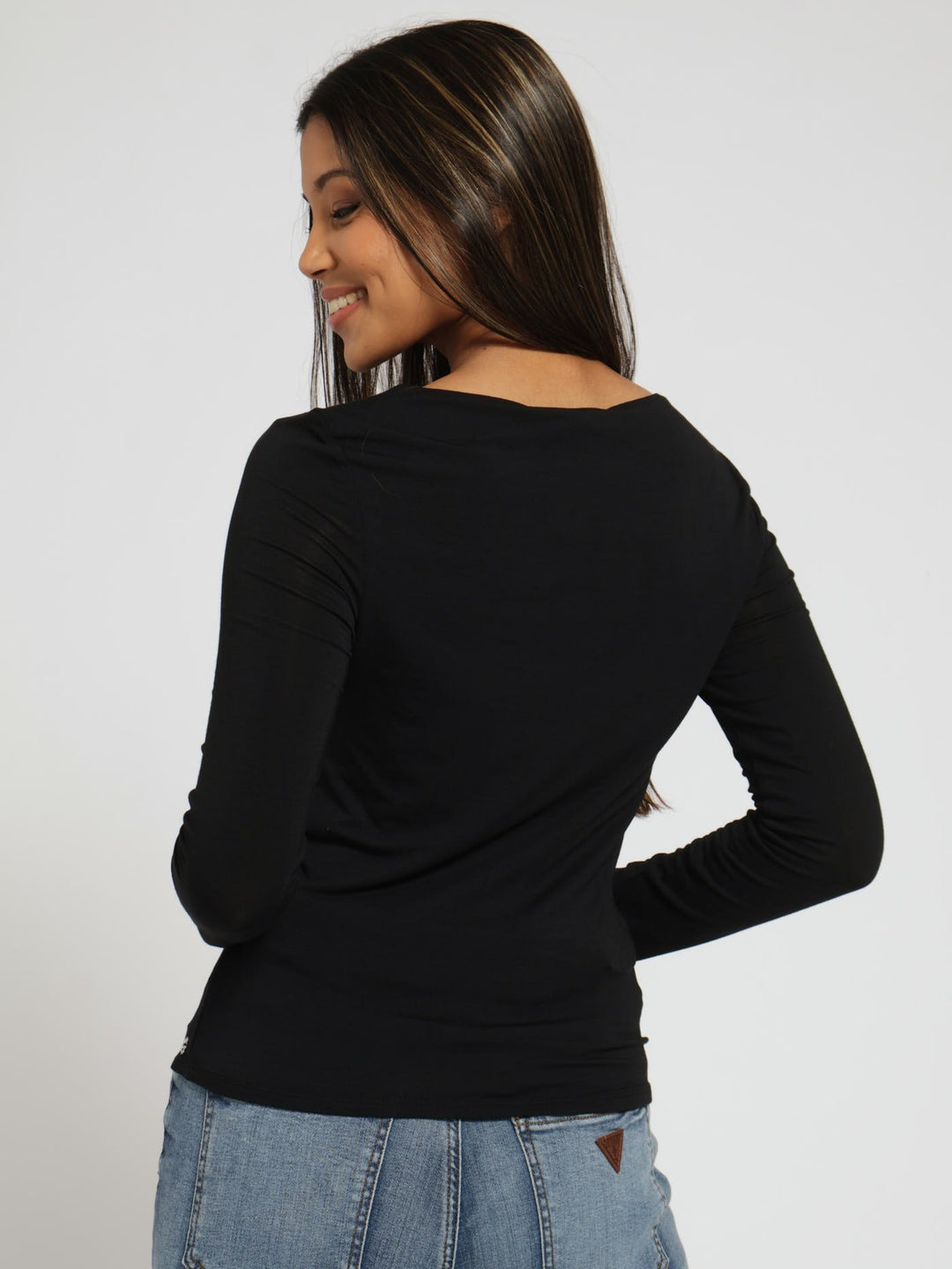 Long Sleeve Twisted Yoke Mena Top - Jet Black