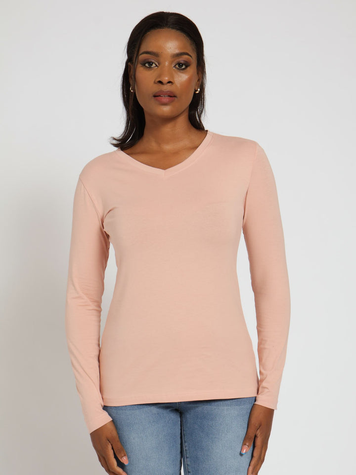 Long Sleeve Lycra V-Neck Top - Blush