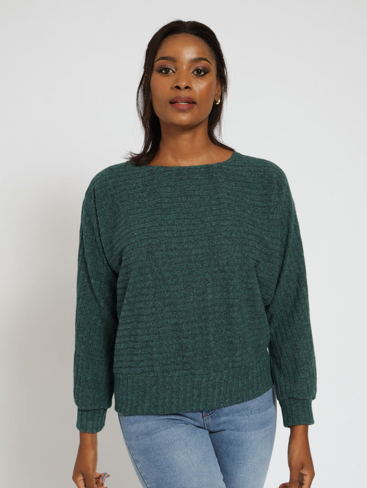 Long Sleeve Dolman Ribbed Top - Forest Green