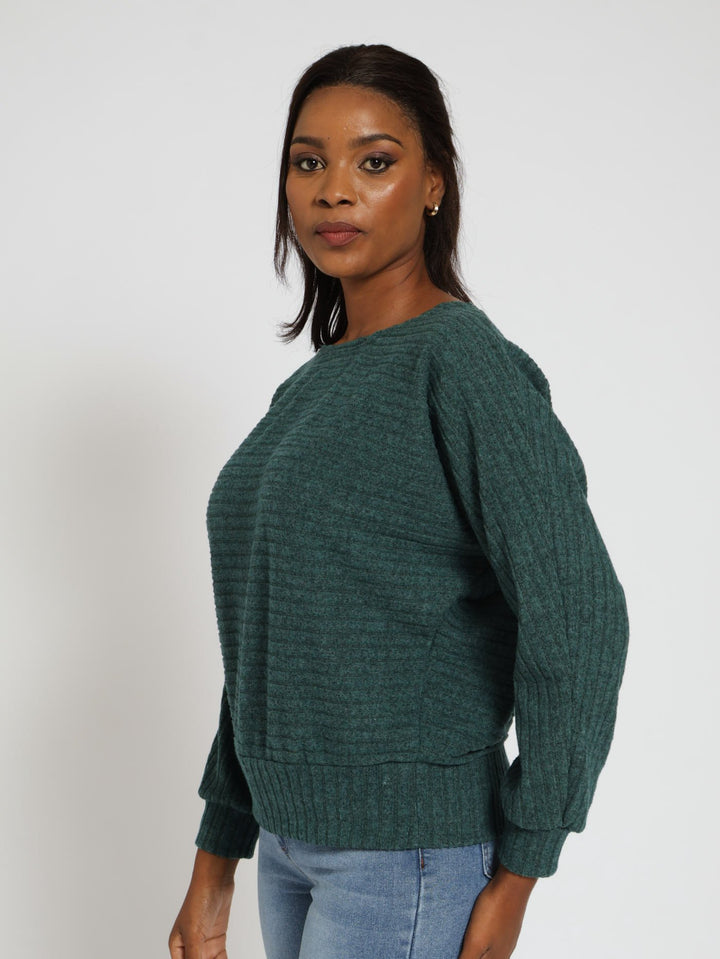 Long Sleeve Dolman Ribbed Top - Forest Green