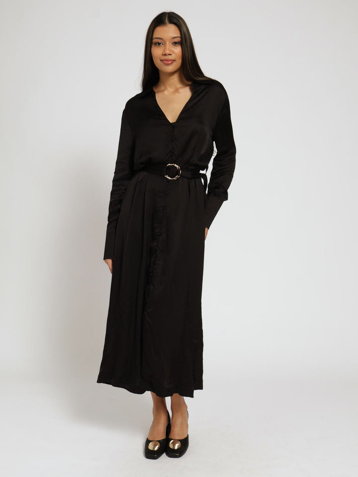 Long Sleeve Satin Dress - Black