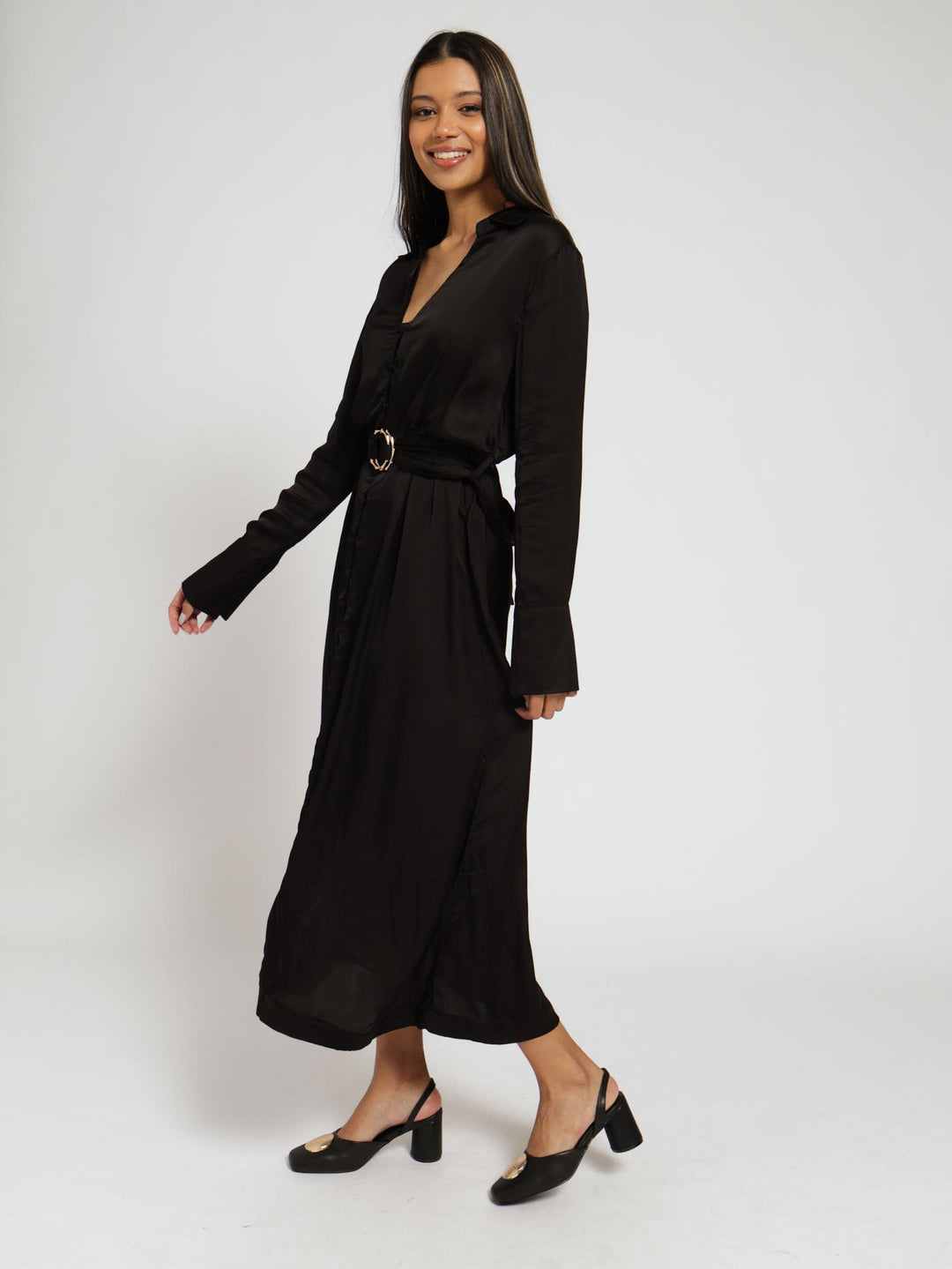 Long Sleeve Satin Dress - Black