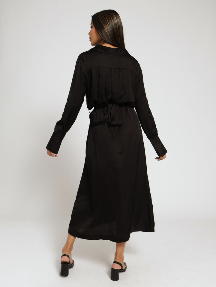 Long Sleeve Satin Dress - Black