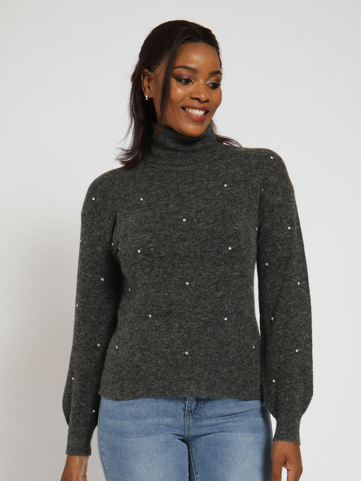 Long Sleeve Roll Neck Embellished Sweater - Charcoal Melange