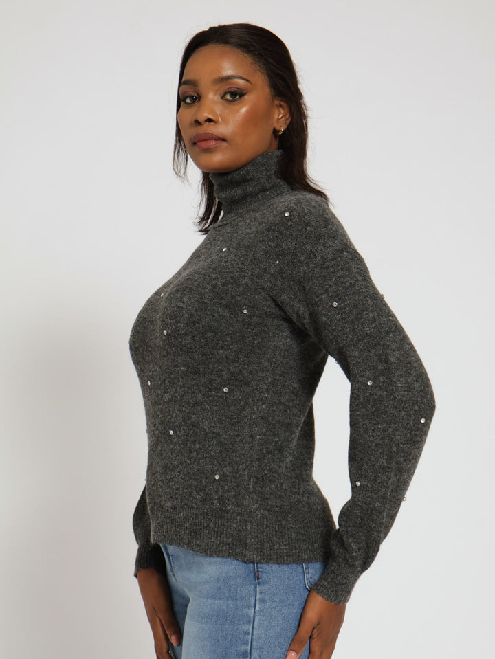 Long Sleeve Roll Neck Embellished Sweater - Charcoal Melange