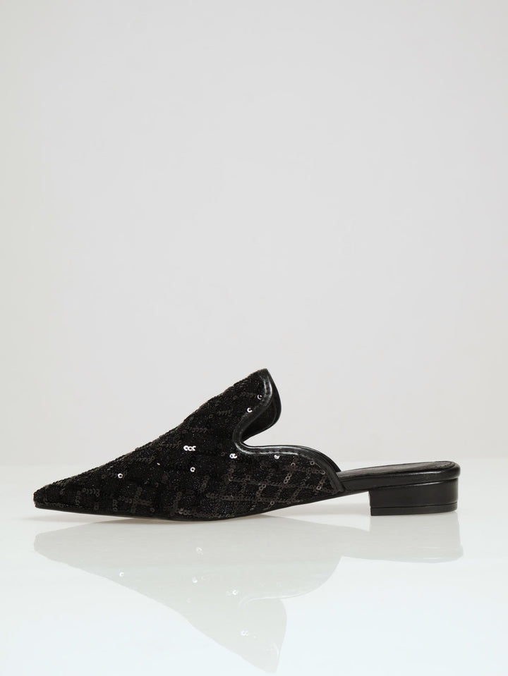 Block Heel Beaded Mesh Push In - Black