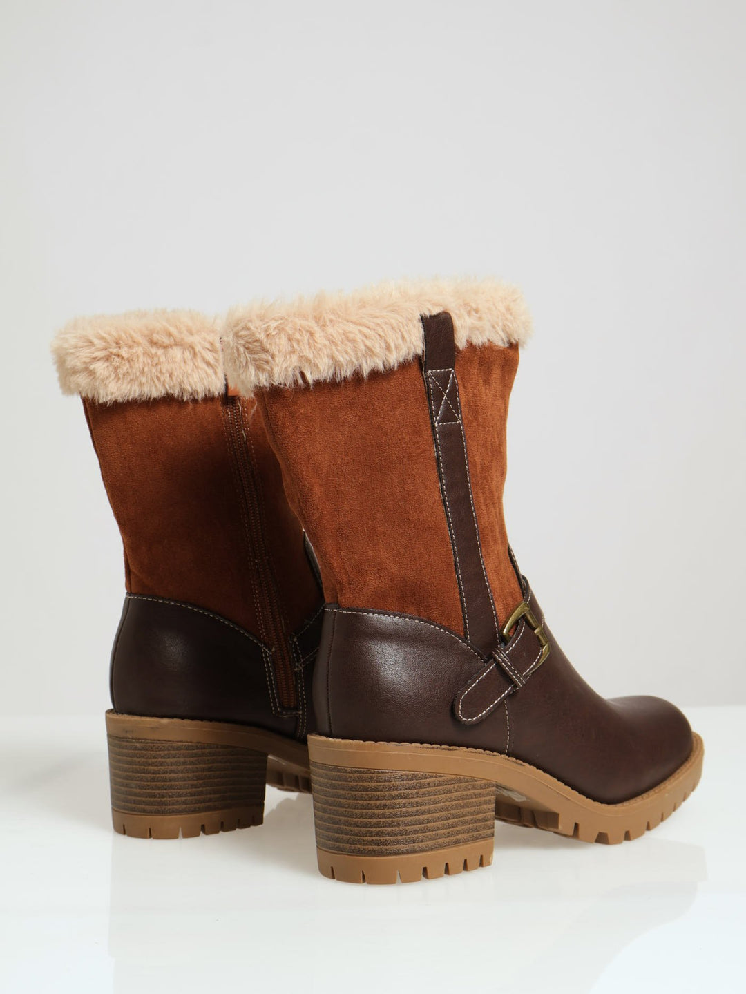 Fur Lined Multi Fabric Cleated Sole Boots - Brown