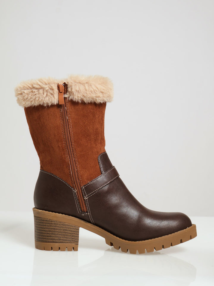 Fur Lined Multi Fabric Cleated Sole Boots - Brown