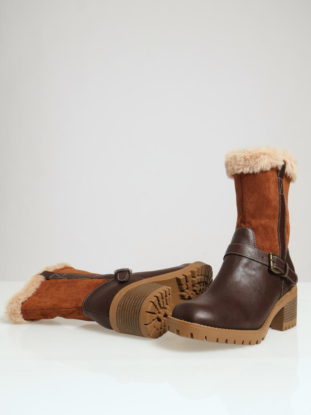 Fur Lined Multi Fabric Cleated Sole Boots - Brown