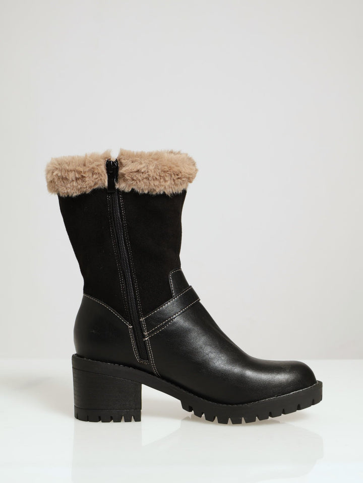 Fur Lined Multi Fabric Cleated Sole Boots - Black