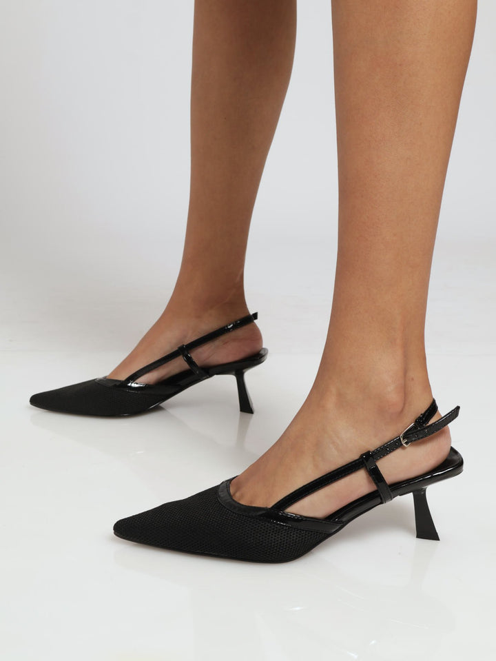Mesh Slingback With Patent Contrast Kitten Heel - Black
