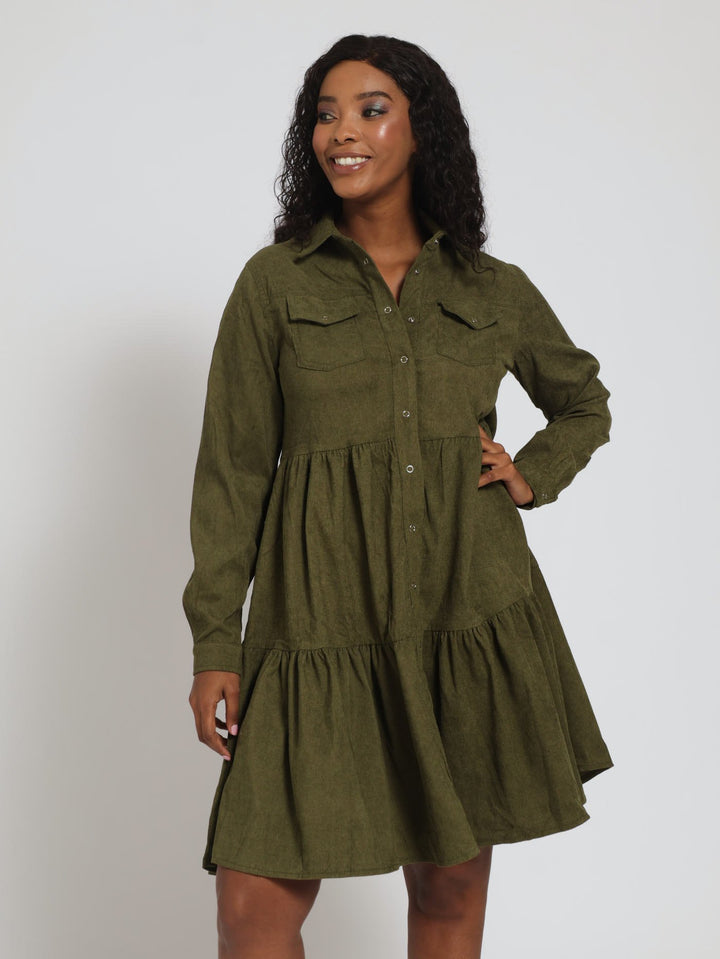 Long Sleeve Tiered 2 Pocket Mini Shirt Dress - Fatigue