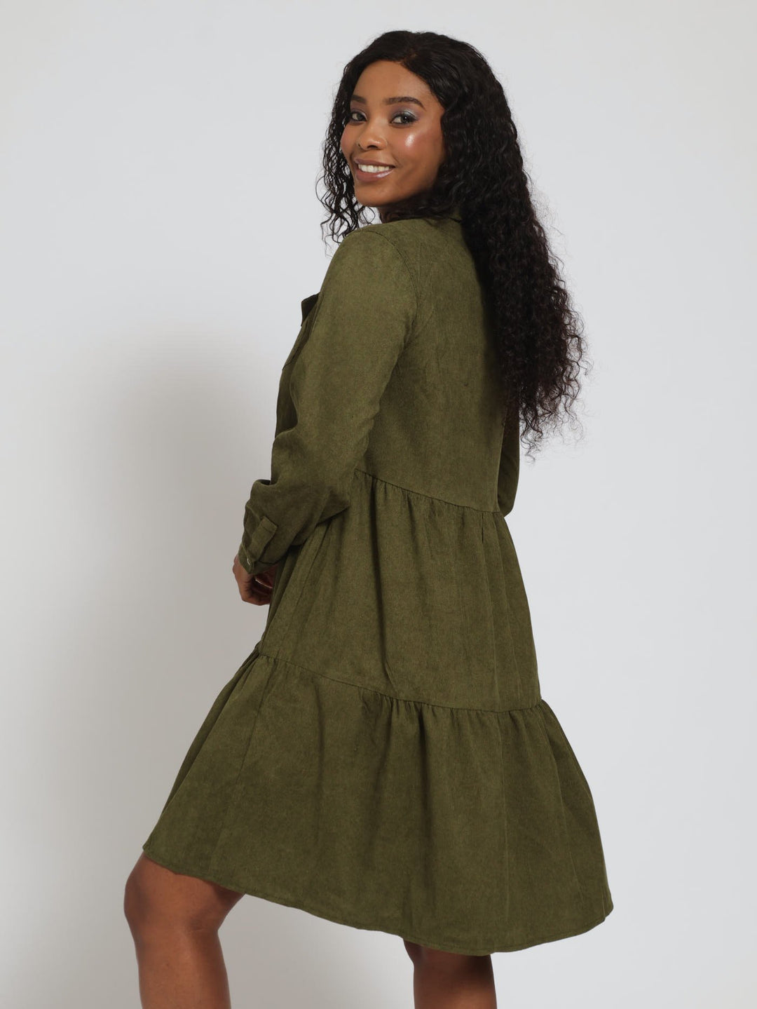 Long Sleeve Tiered 2 Pocket Mini Shirt Dress - Fatigue