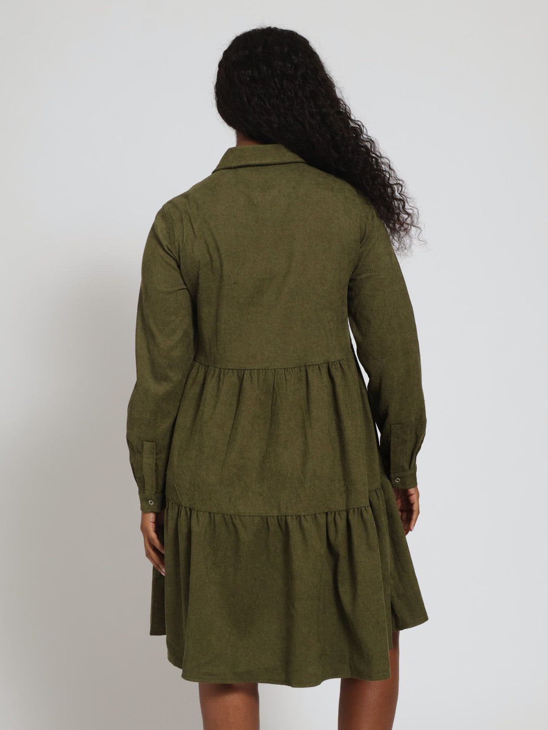 Long Sleeve Tiered 2 Pocket Mini Shirt Dress - Fatigue