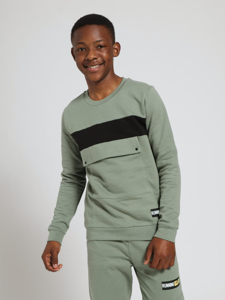 Boys Front Pocket Crew Neck Top - Green