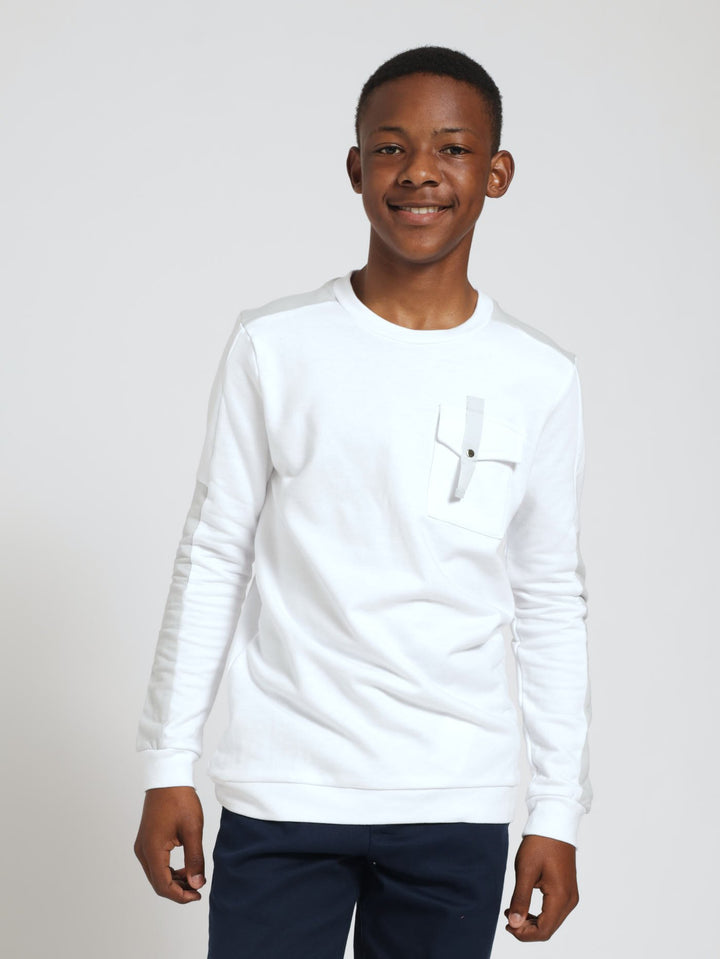 Boys Pocket Detail Crew Neck Top - White