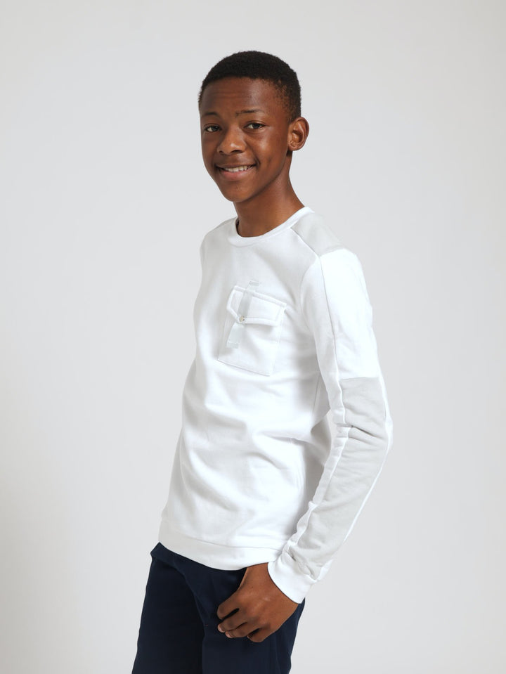 Boys Pocket Detail Crew Neck Top - White