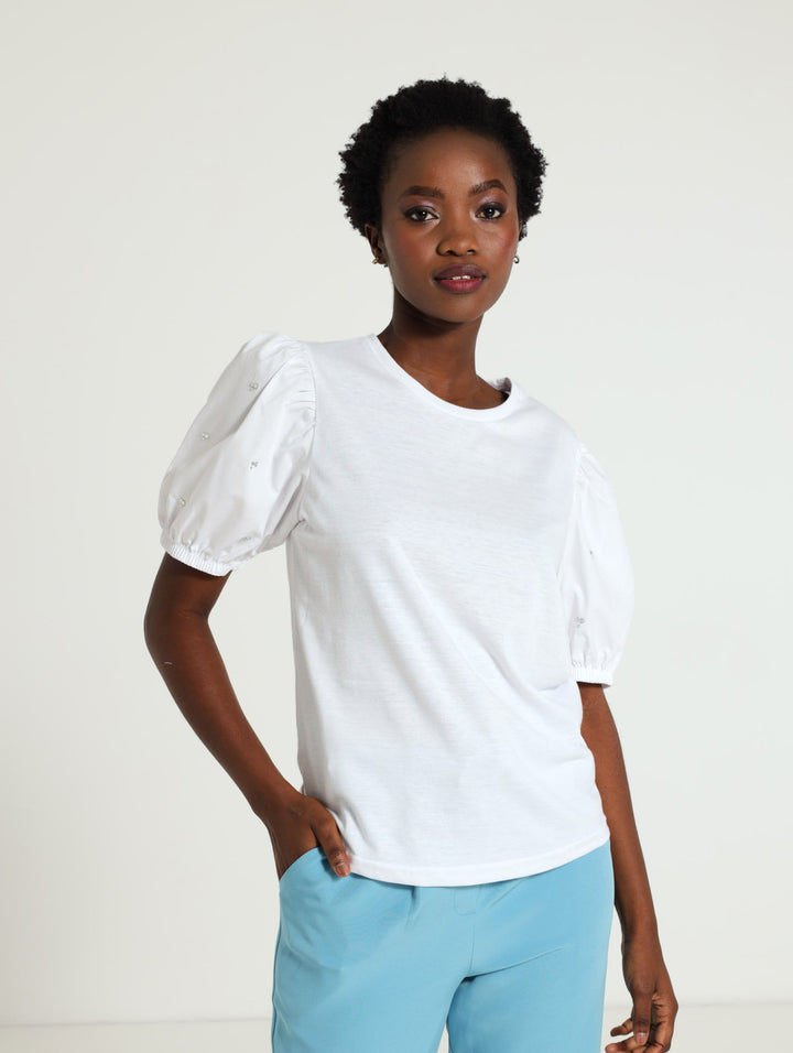 Diamante Puff Sleeve Tee - White