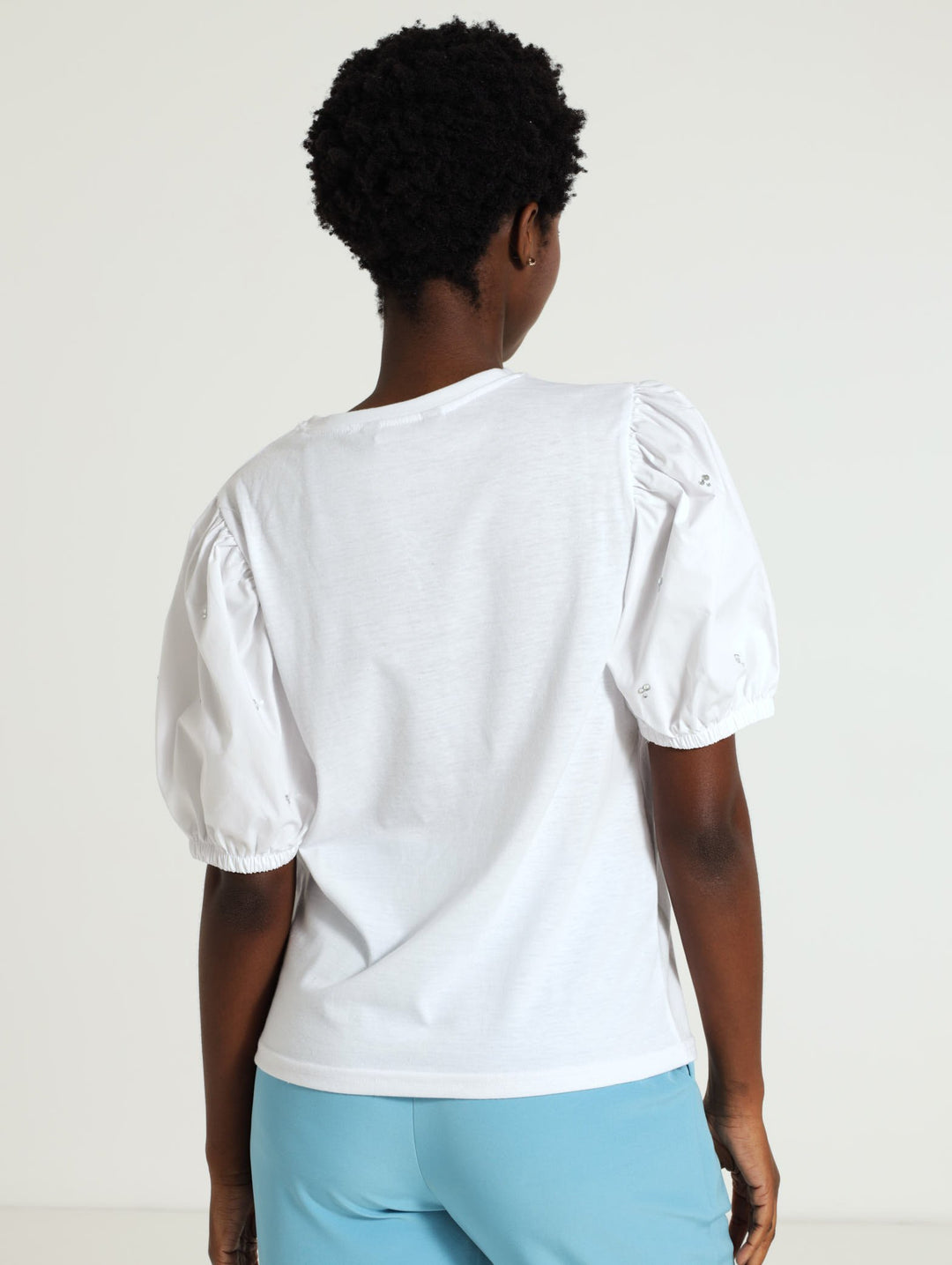 Diamante Puff Sleeve Tee - White