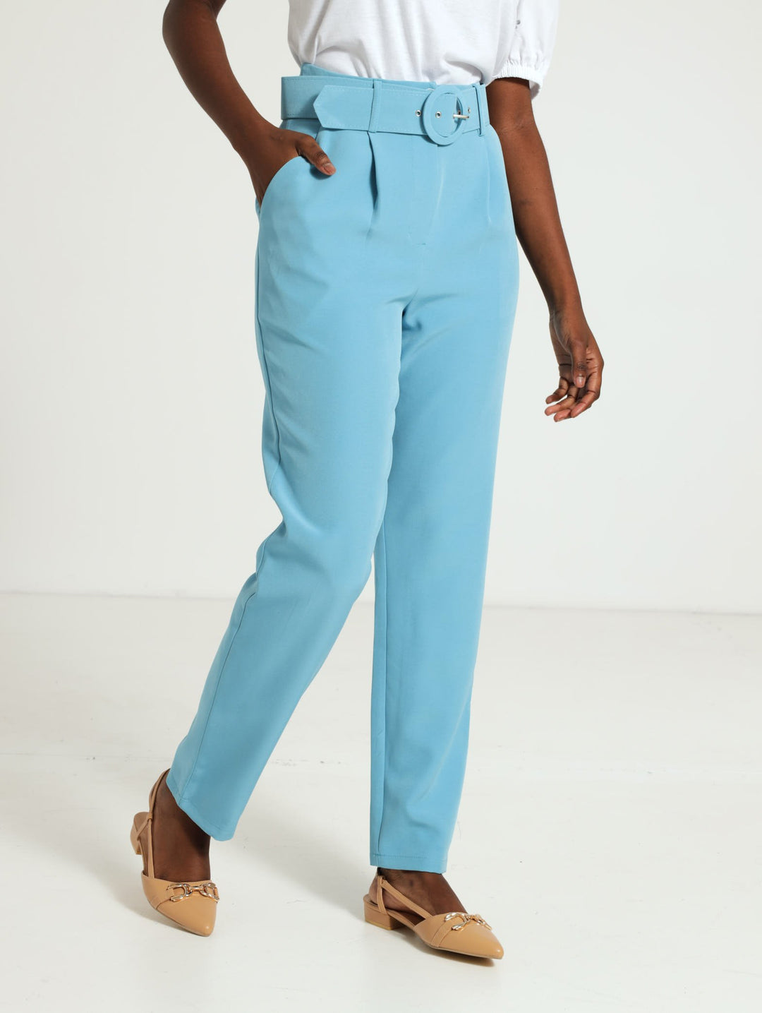 Round Buckle Tapared Pants - Light Blue