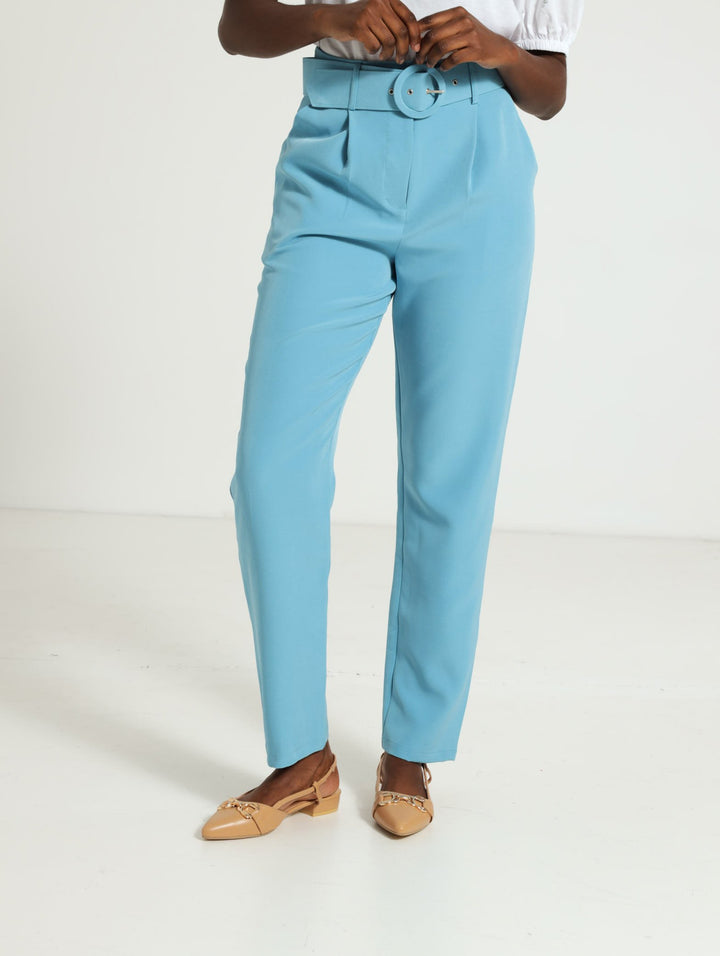 Round Buckle Tapared Pants - Light Blue