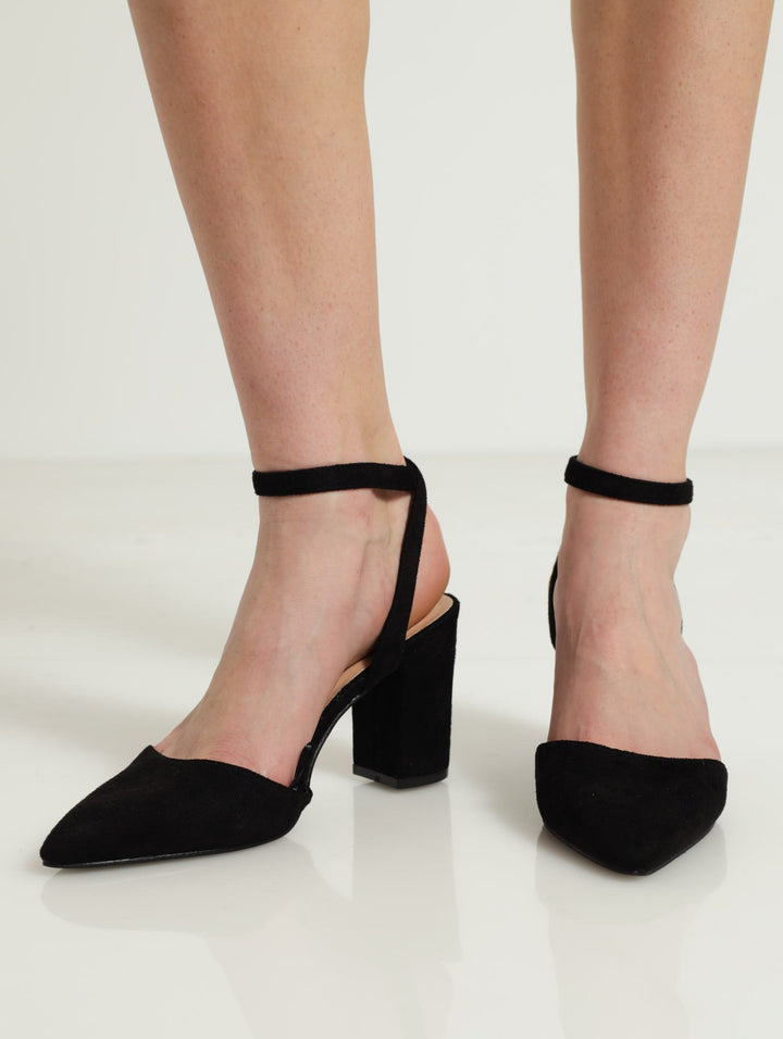 Pointed Toe Ankle Strap On Block Heel - Black