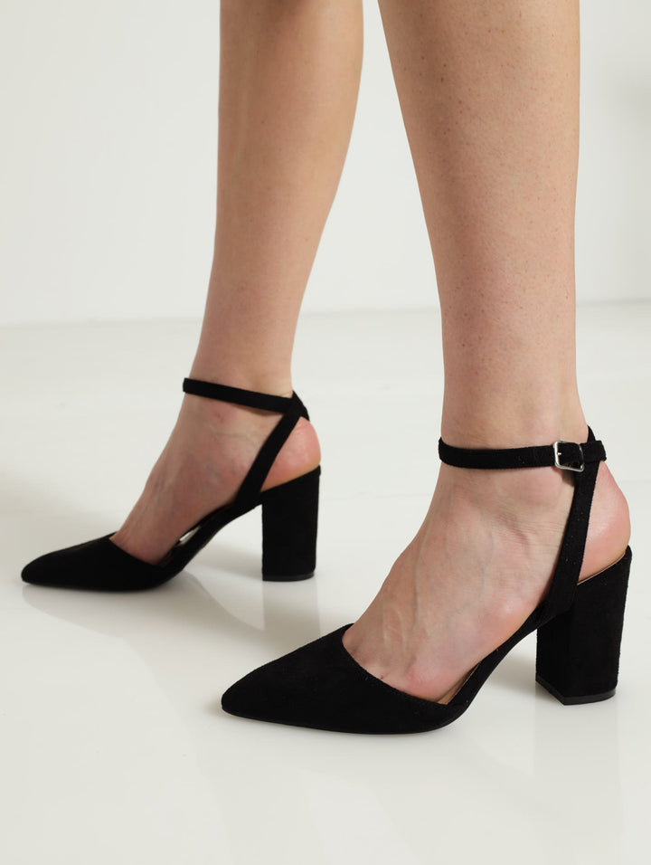 Pointed Toe Ankle Strap On Block Heel - Black