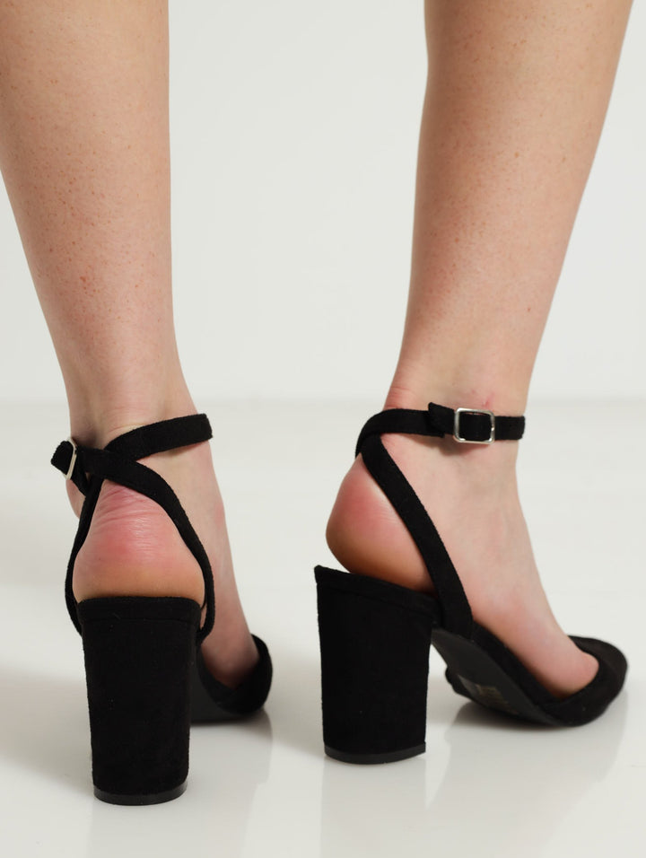 Pointed Toe Ankle Strap On Block Heel - Black