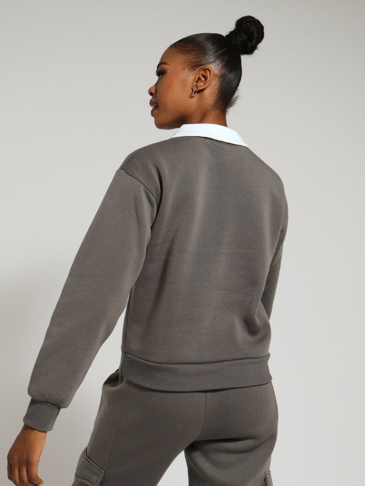 Collar Fleece Top - Charcoal