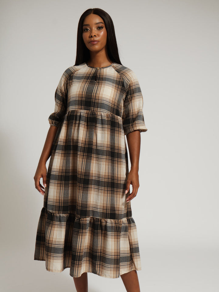 3/4 Sleeve Raglan Tiered Check Dress