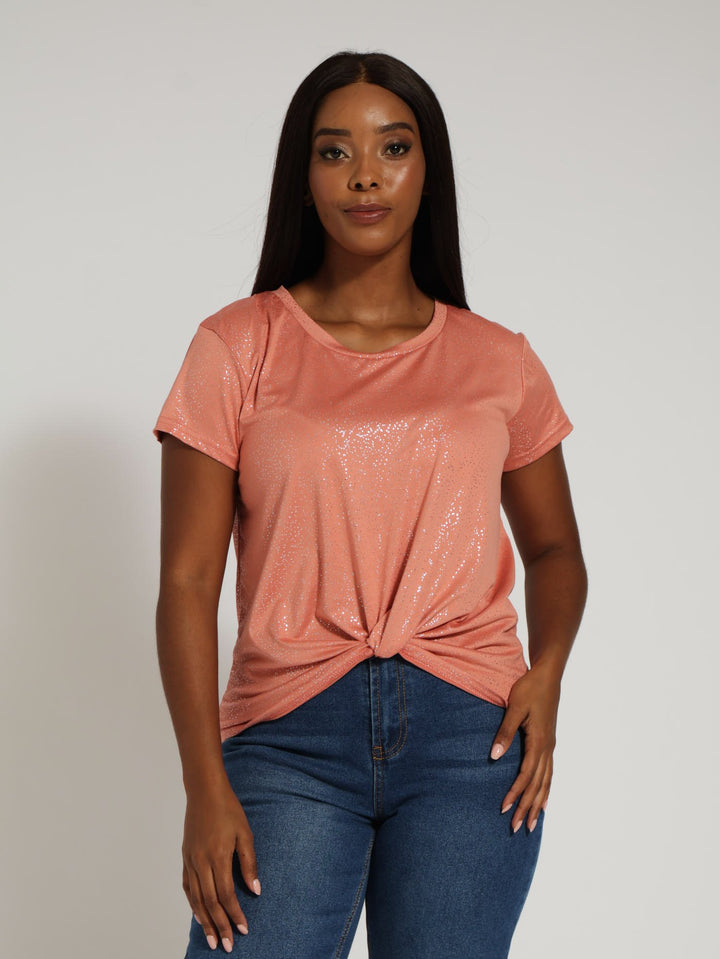 Knot Front Foil Tee - Terracotta