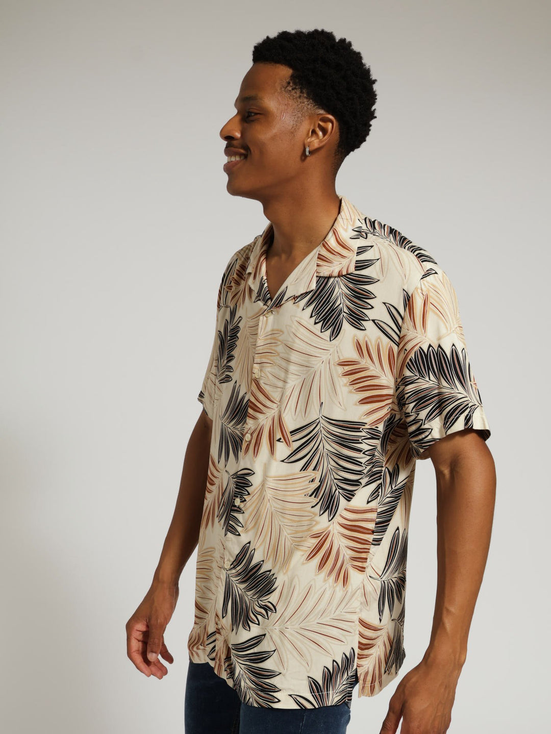 Viscose Leaf Print Shirt - Cream